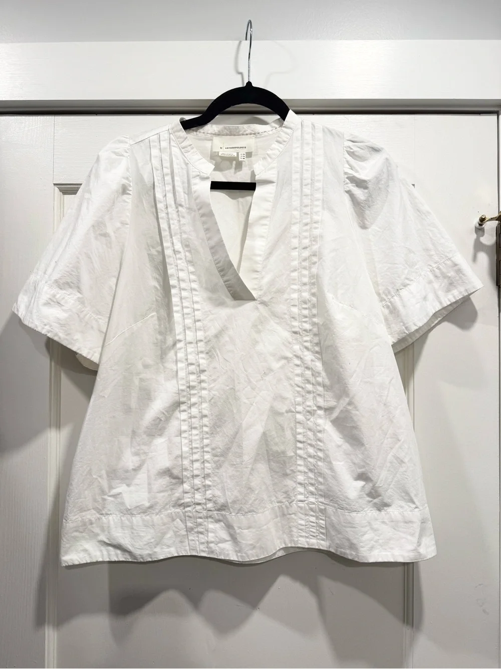 Anthropologie Maeve Poplin Pintuck White Blouse Plus Size 14 Fall Crisp Office